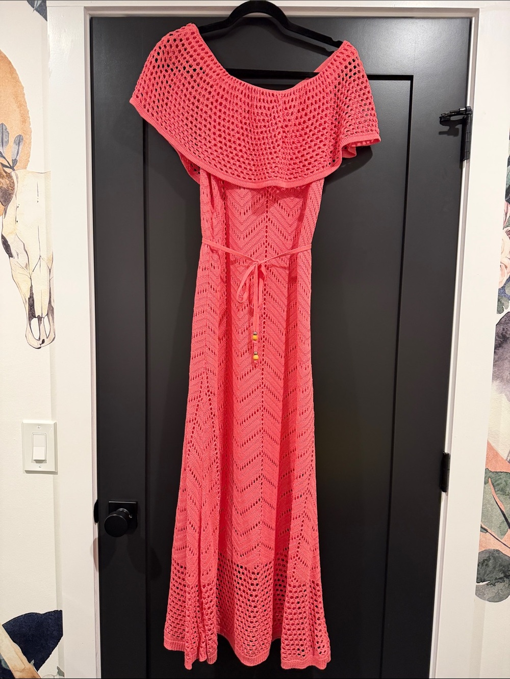 Crochet Off-Shoulder Maxi Dress in Coral Pink